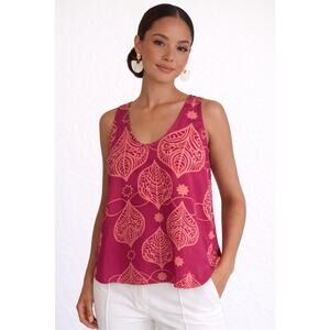 Manuhealii Hawaii Tank Top Pink Orange Leaf Print Hi Low Hem Medium Mamaki